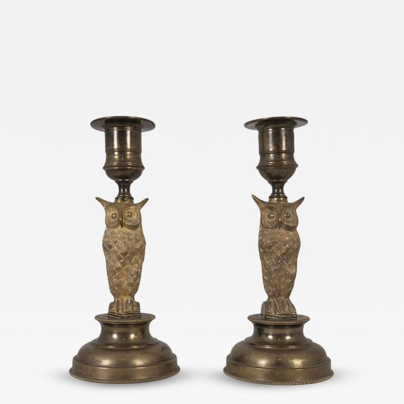Pair of European Jugend Owl Figurine Candle Holders in Bronze Late 19th Century