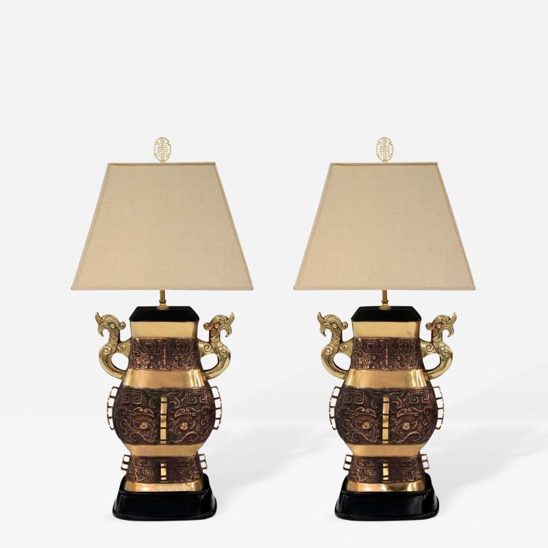 Pair of Exceptional Bronze Chinese Urn Table Lamps