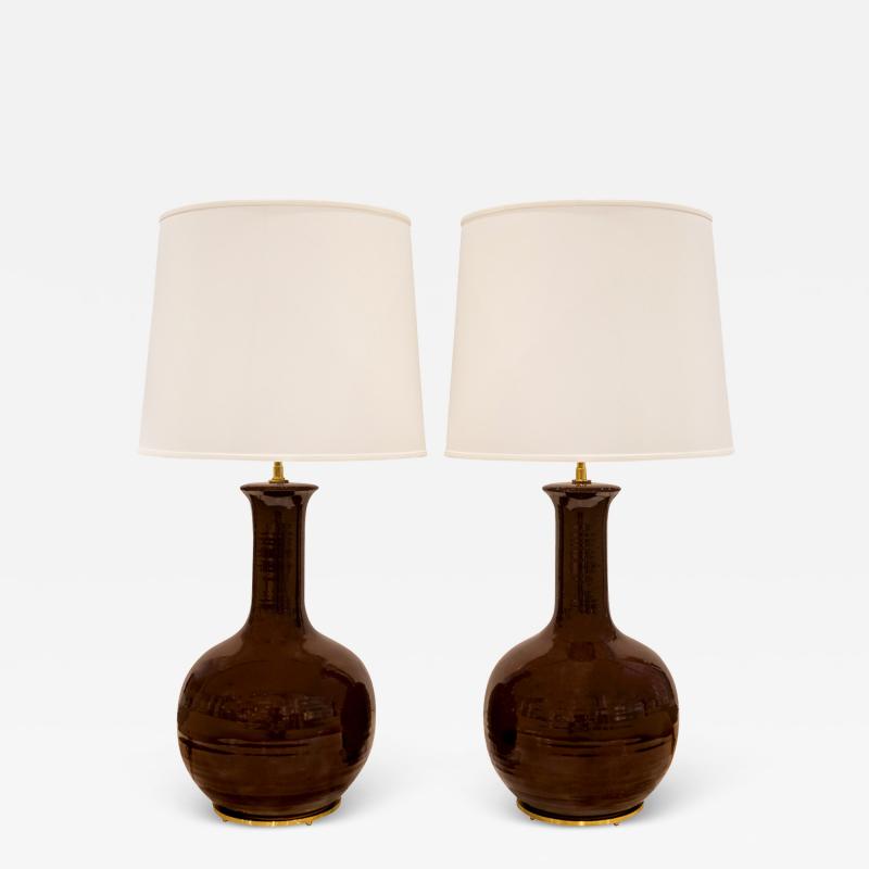 Pair of Exquisite Artisan Porcelain Lamps with Polished Brass Hardware 1960s