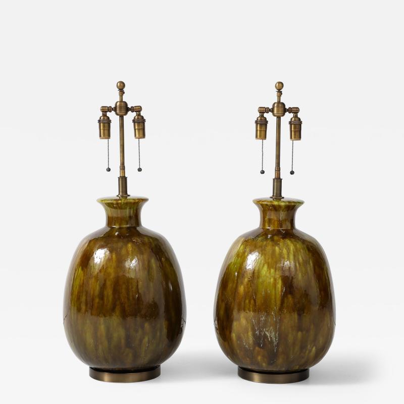 Pair of Extra Large Ceramic Lamps with a Wonderful Moss Colored Glaze 