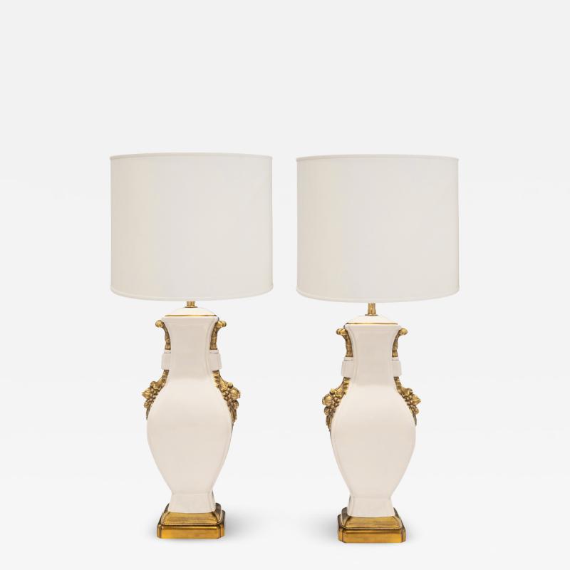 Pair of Extraordinary Large French Porcelain Lamps with Gold Accents 1960s