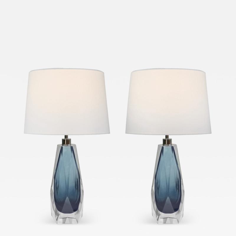 Pair of Faceted Gray Blue Murano Glass Table Lamps Medium