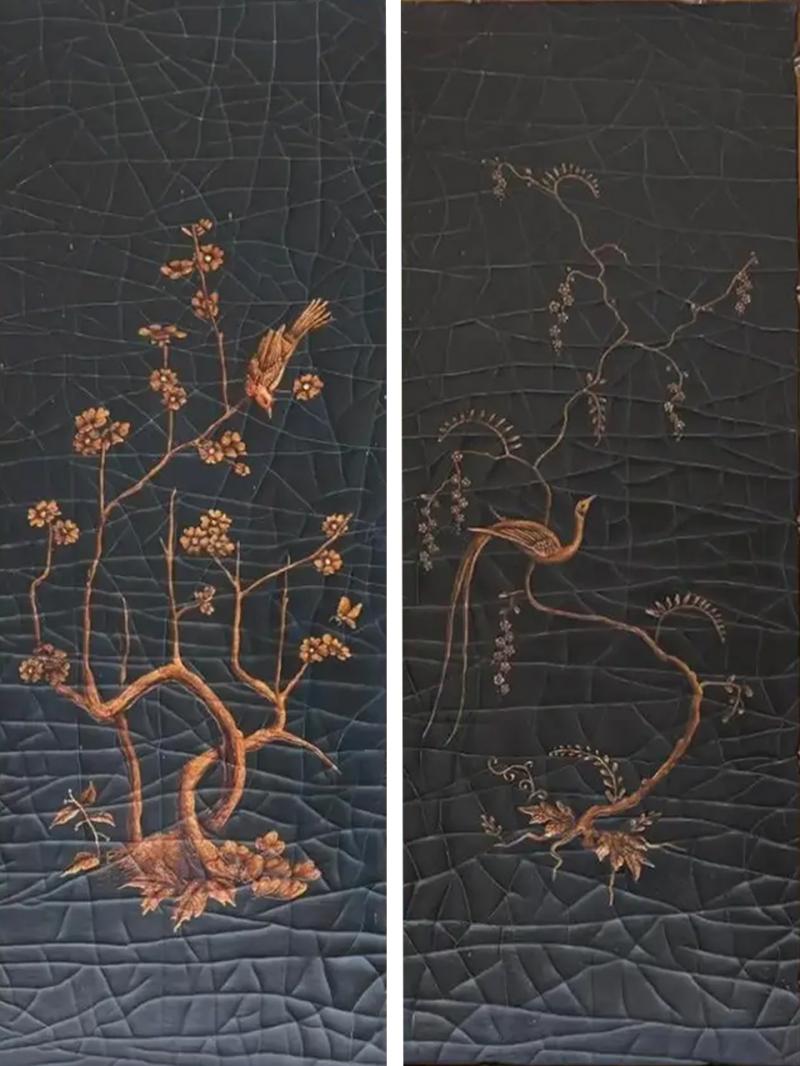 Pair of Faux Bamboo Hand Painted Black Gold Chinoiserie Panels