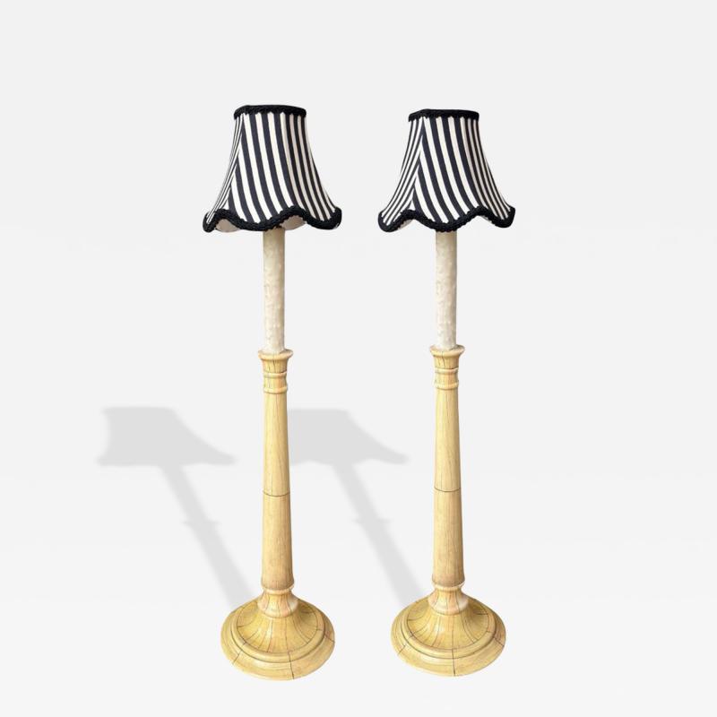 Pair of Faux Ivory Candlestick Table Lamps W Parisian Striped Shades