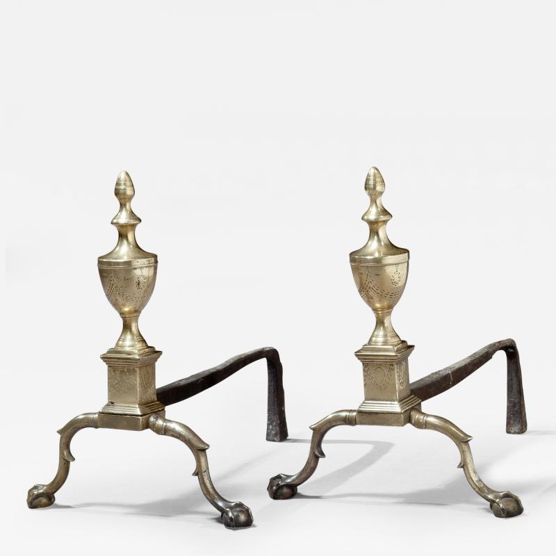 Pair of Federal Engraved Brass Andirons
