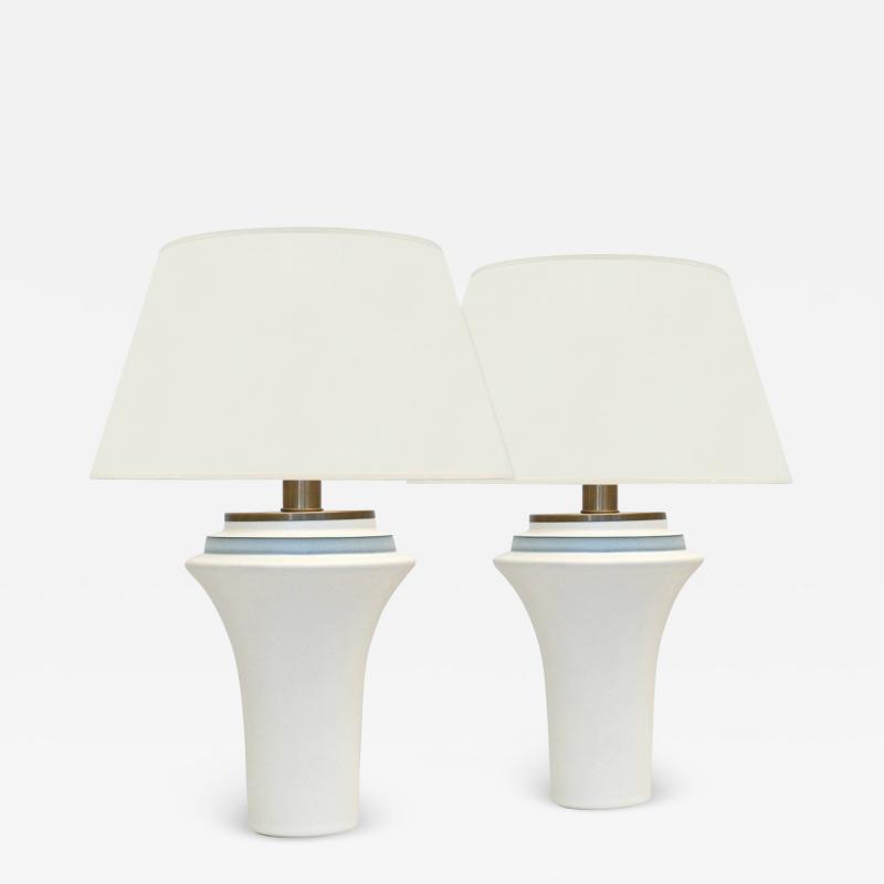 Pair of Flared White Porcelain Table Lamps with Blue Banded Neck