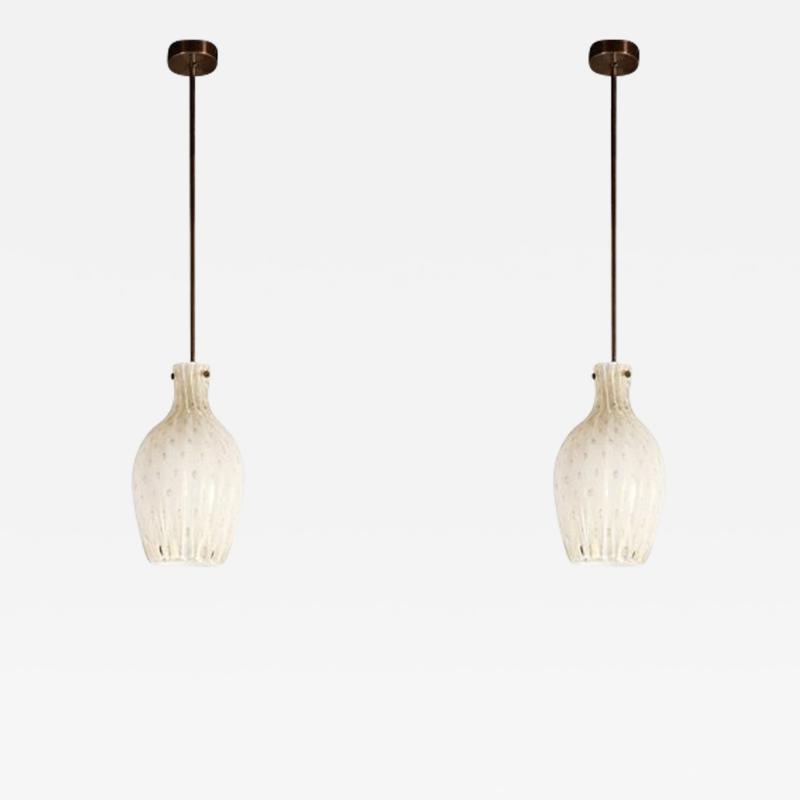 Pair of Fluted Urn Form Murano White Glass Pendants with Antiqued Brass Fittings