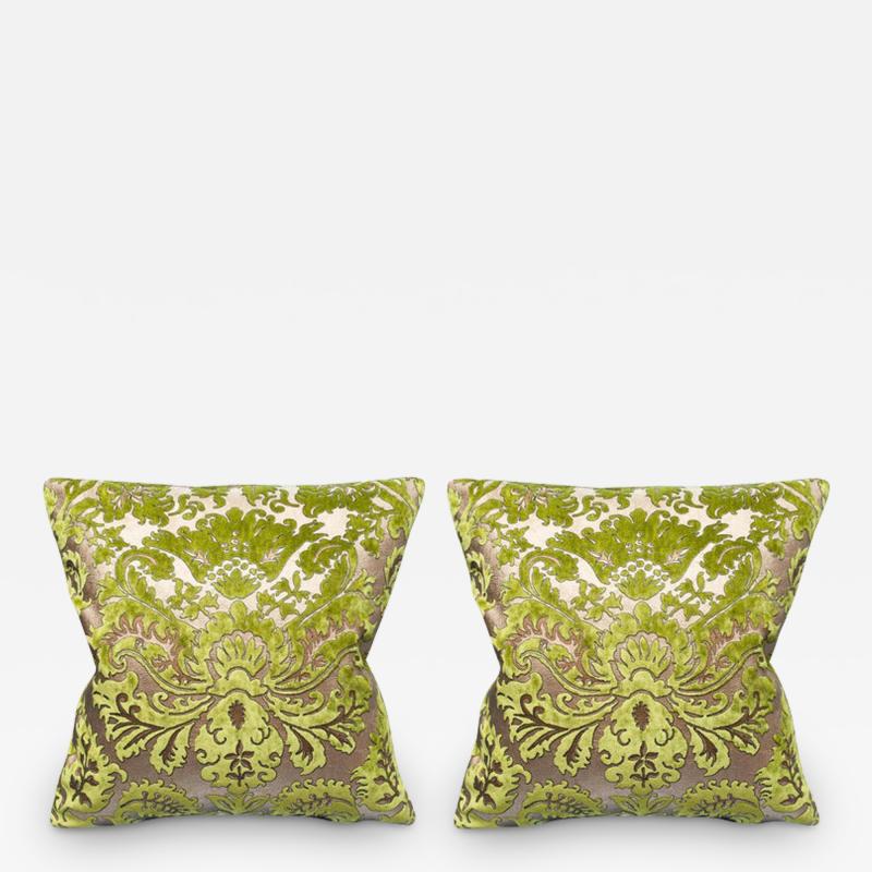 Pair of Fortuny Chartreuse Green and Gold Silk Velvet Pillows