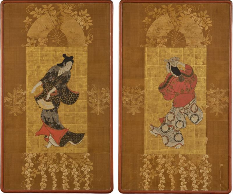 Pair of Framed Single Panels Hikone Ukiyo e Style Dancers