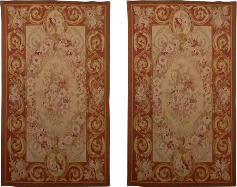 Pair of French 1850s Aubusson Floral Tapestries with Rinceaux Arabesques