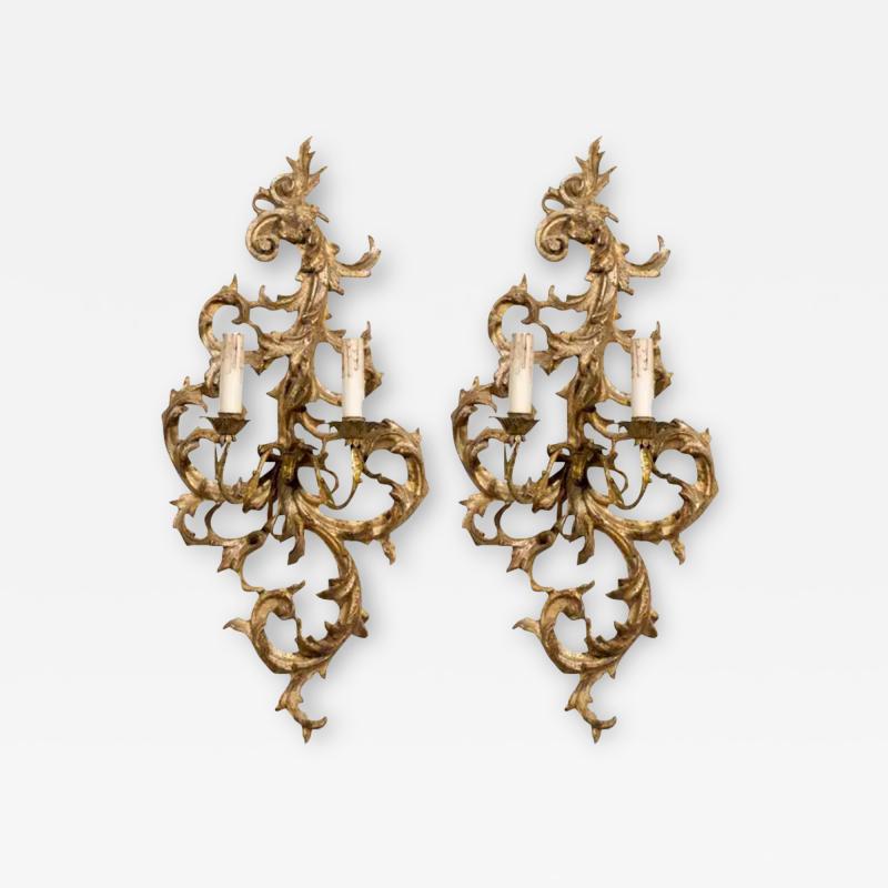 Pair of French 1850s Rococo Revival Giltwood Two Light Sconces