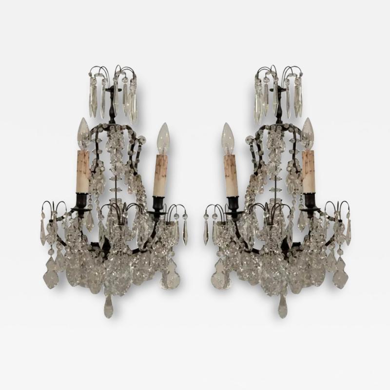 Pair of French 1890s Rococo Style Two Light Crystal Sconces Wired for the US