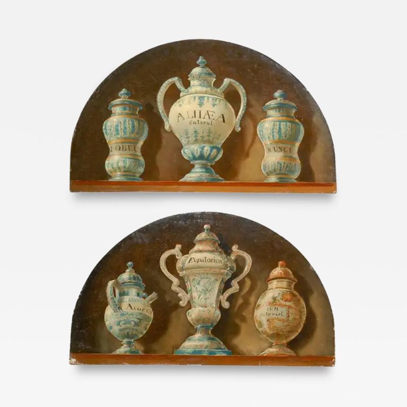 Pair of French 1900s Demilune Maison Jansen Panels Depicting Apothecary Jars