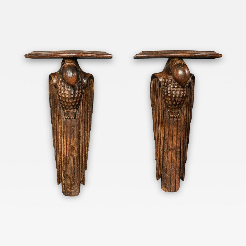 Pair of French 1920s Hand Carved Parrot Wall Shelves