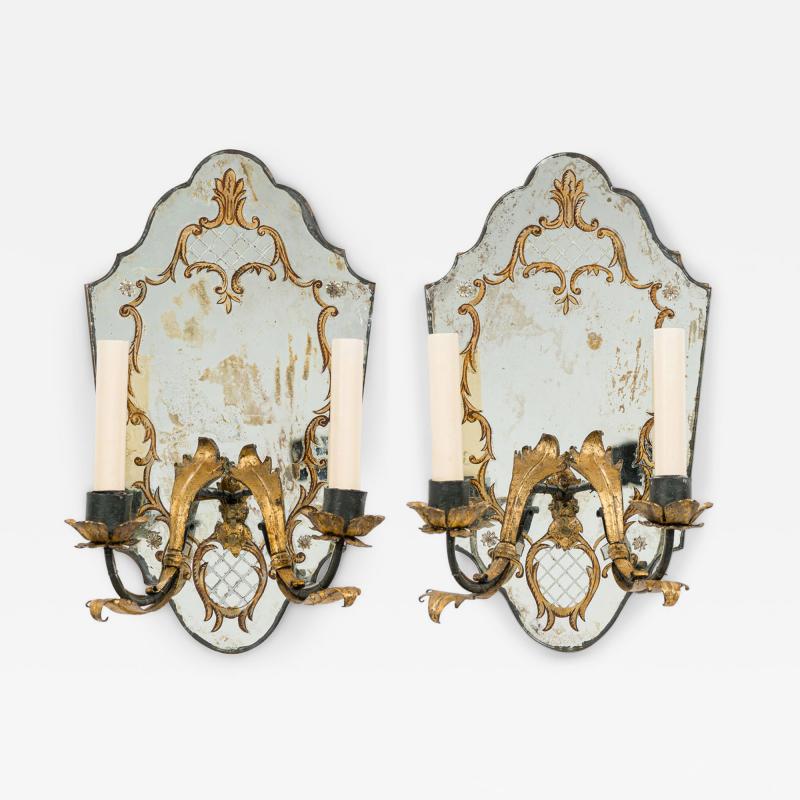 Pair of French 1930s Hollywood Regency Style Mirrored Glass Wall Sconces