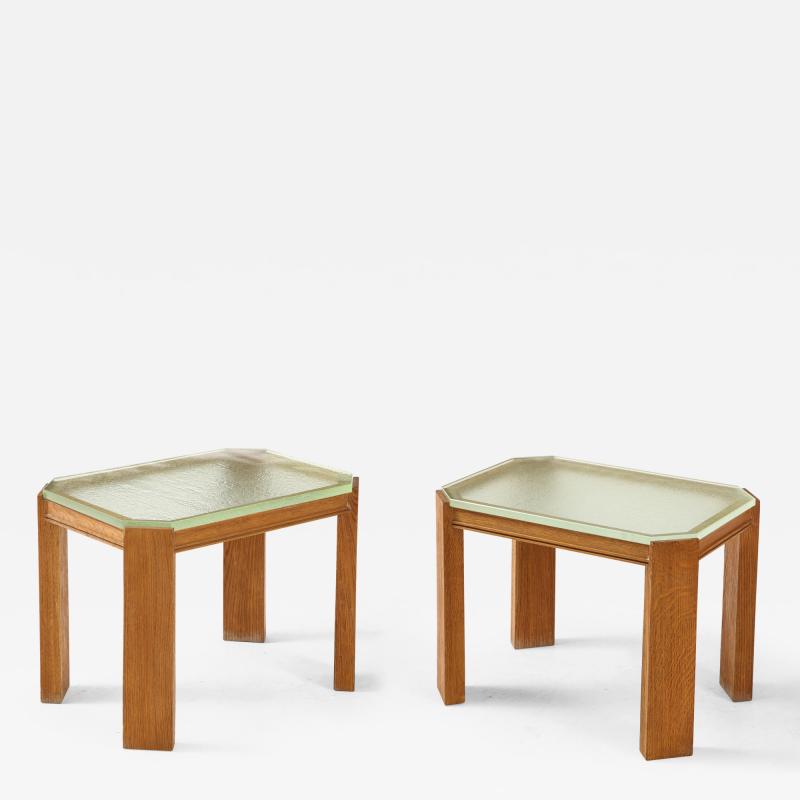 Pair of French 1940s Saint Gobain Glass and Wire Brushed Oak End Tables