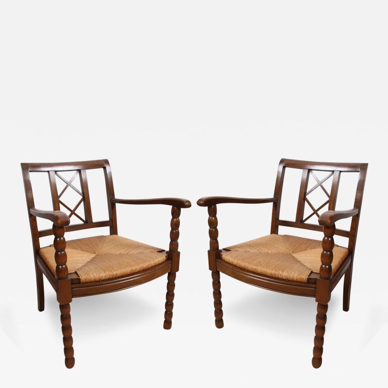 Pair of French 1940s Walnut and Rush Chairs
