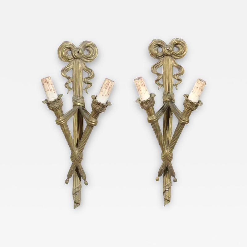 Pair of French 19th Century Bronze Two Light Ribbon Tied Wall Sconces Wired
