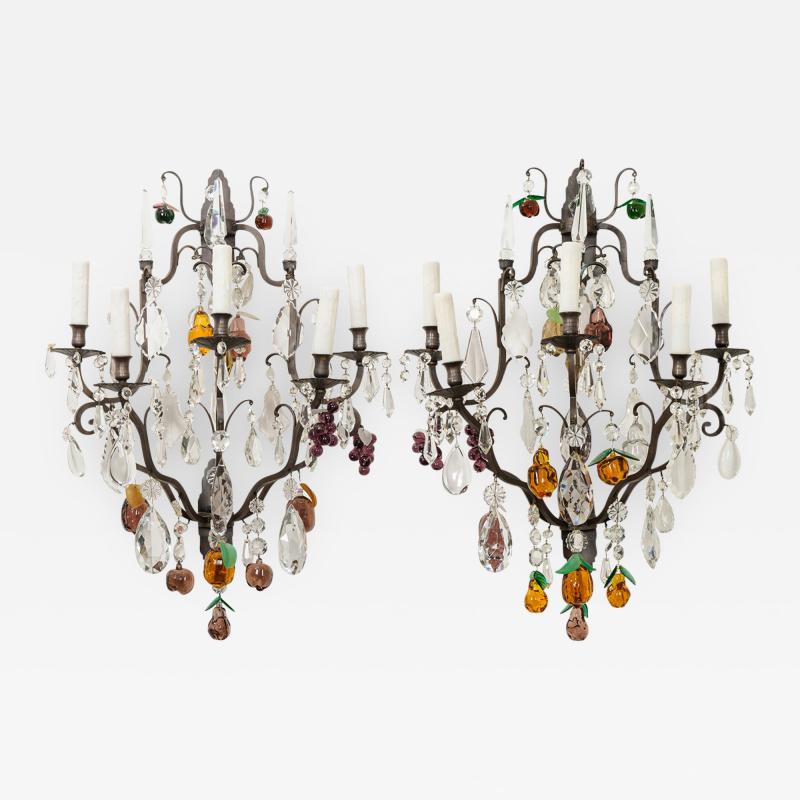 Pair of French 19th Century Iron and Crystal Fruitage Sconces