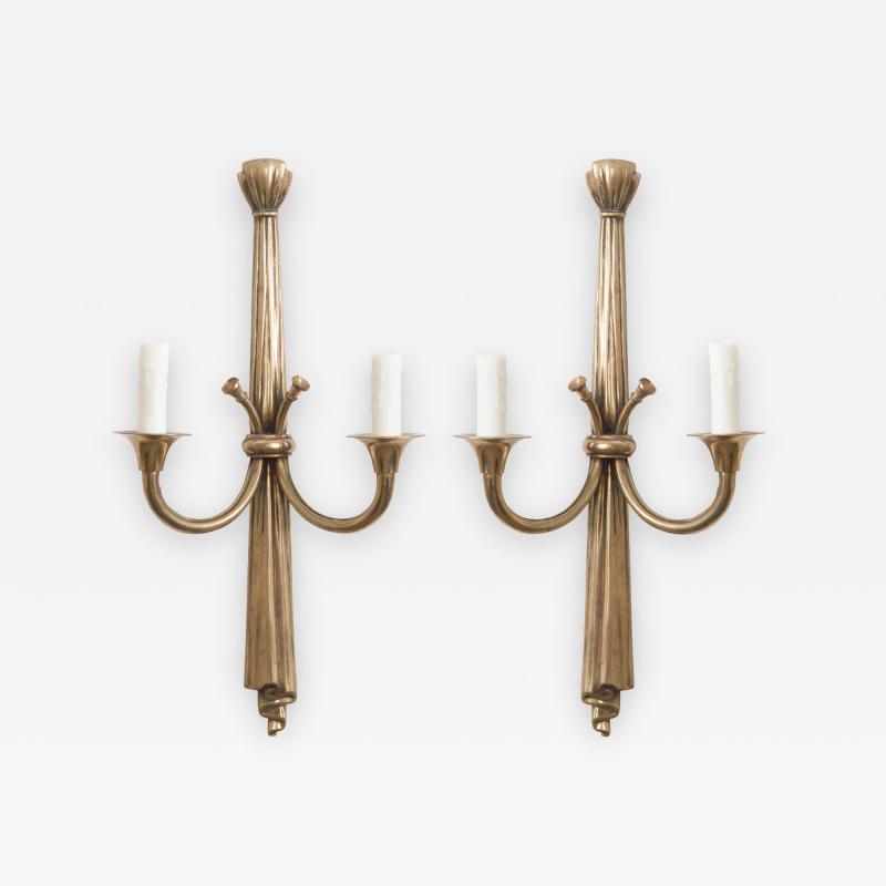 Pair of French 19th Century Neoclassical Style Brass Triple Arm Sconces