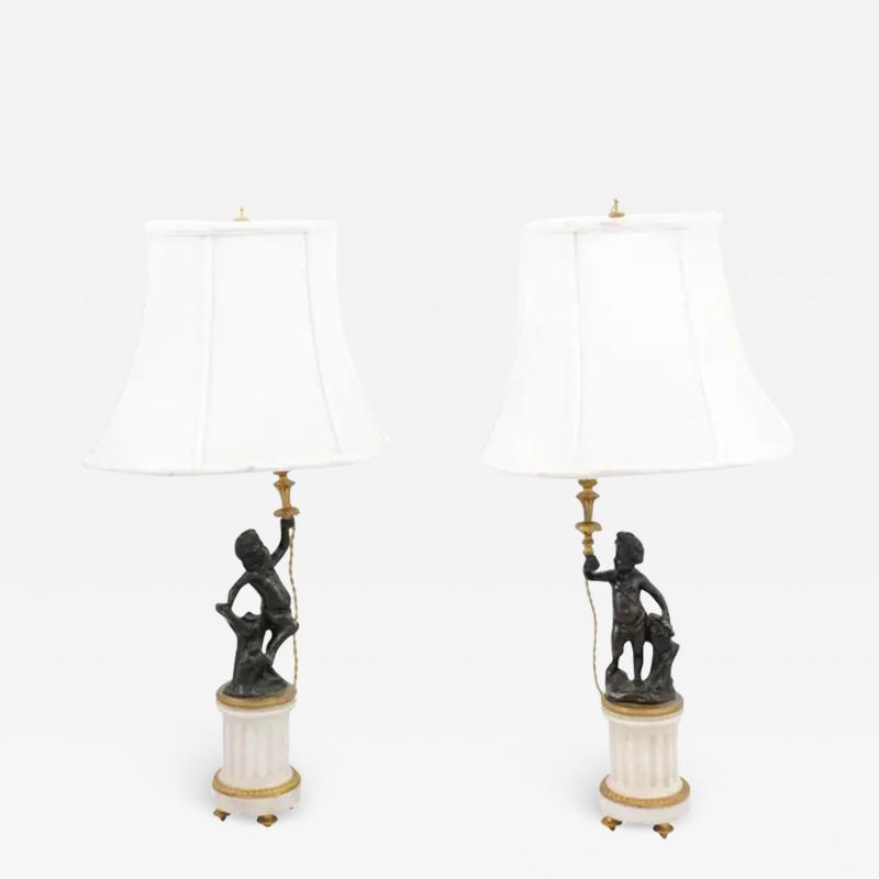 Pair of French 19th Century Neoclassical Style Marble and Bronze Putti Lamps