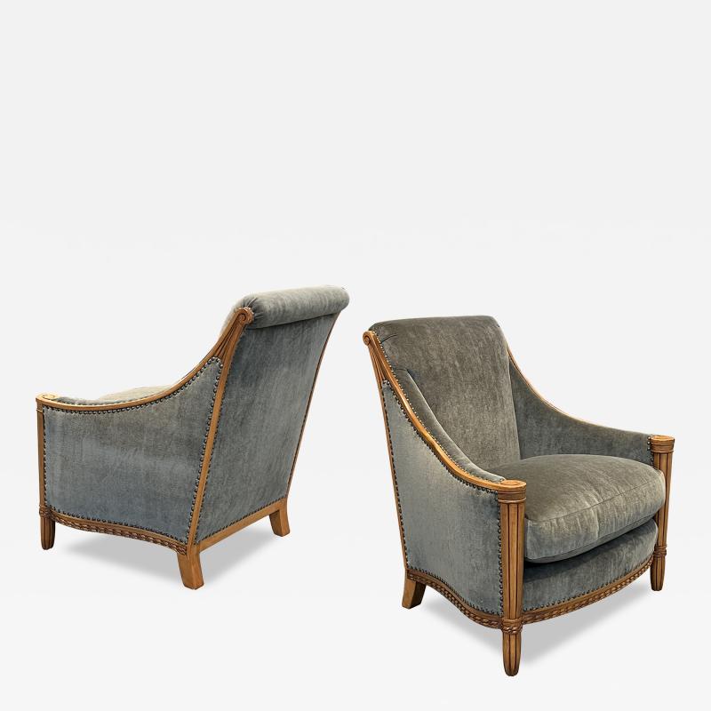 Pair of French Art Deco Carved Maple Upholstered Armchairs Bergeres