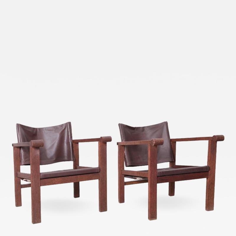 Pair of French Art Deco Reclining Sling Leather Lounge Chairs 1940s