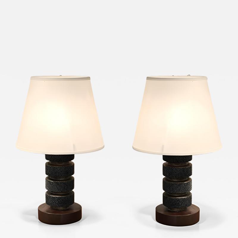 Pair of French Art Deco Walnut and Shagreen Boudoir Lamps circa 1930