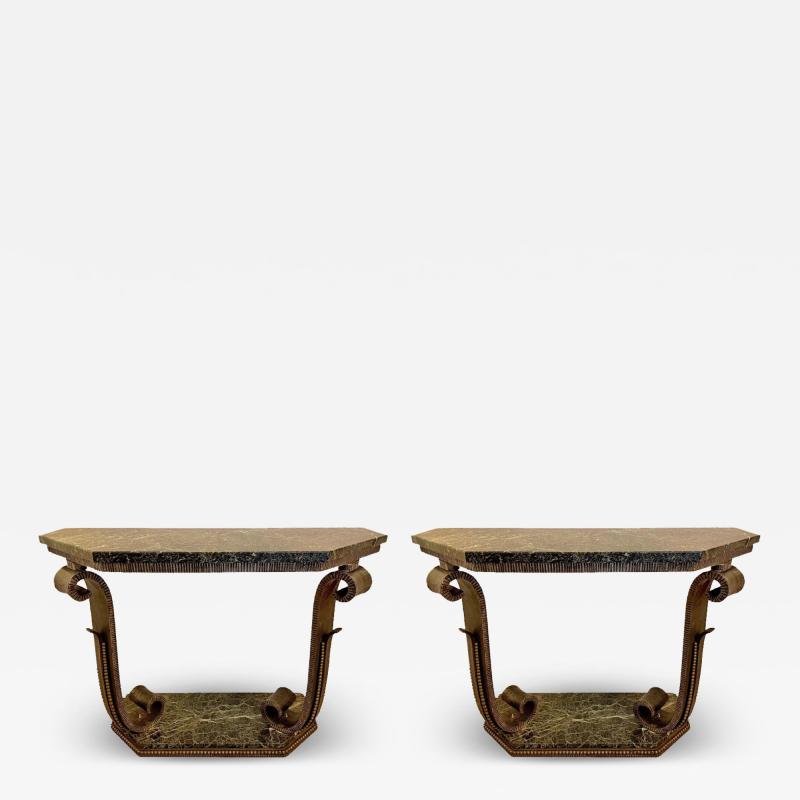Pair of French Art Deco Wrought Iron Marble Consoles
