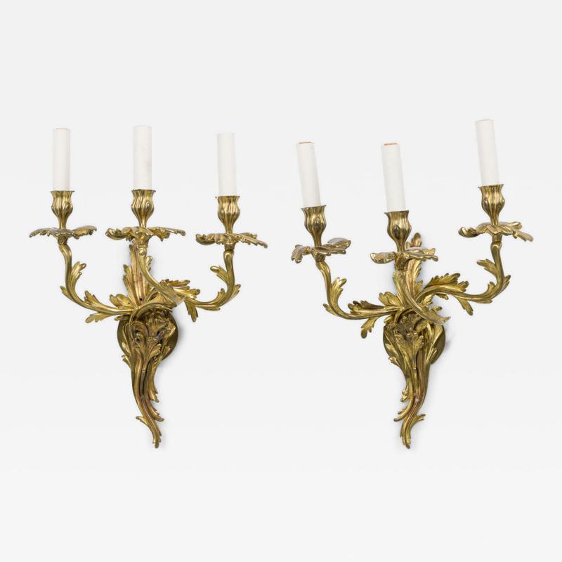 Pair of French Art Nouveau 3 Armed Brass Wall Sconces