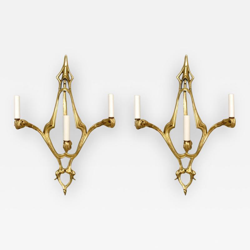 Pair of French Art Nouveau Bronze Dore 3 Arm Wall Sconces