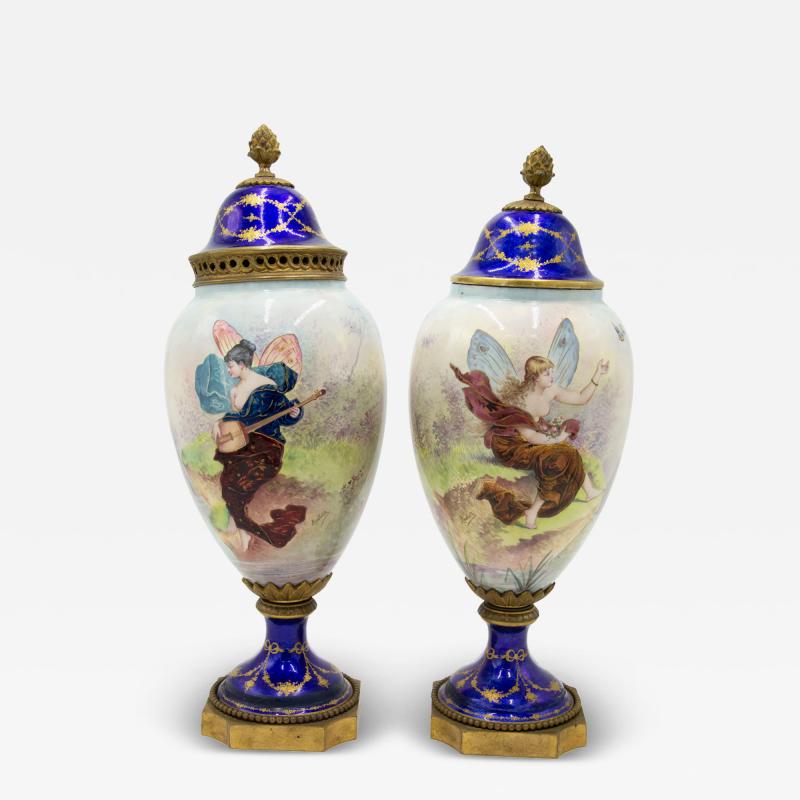 Pair of French Art Nouveau Enamel and Sevres Porcelain Vases