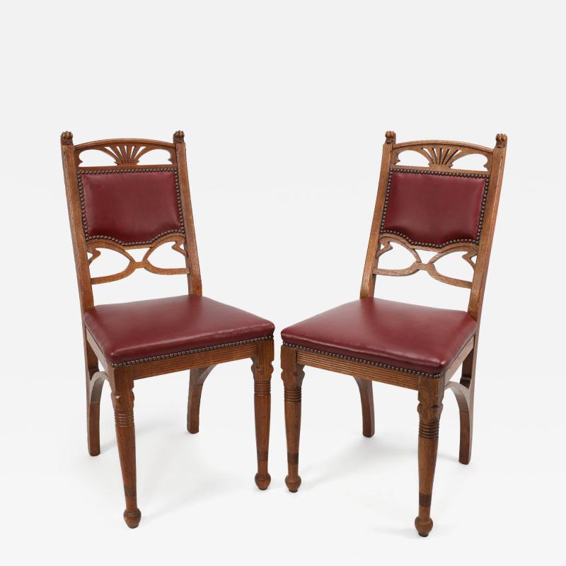 Pair of French Art Nouveau Oak Dining Chairs with Whiplash Side Stretchers