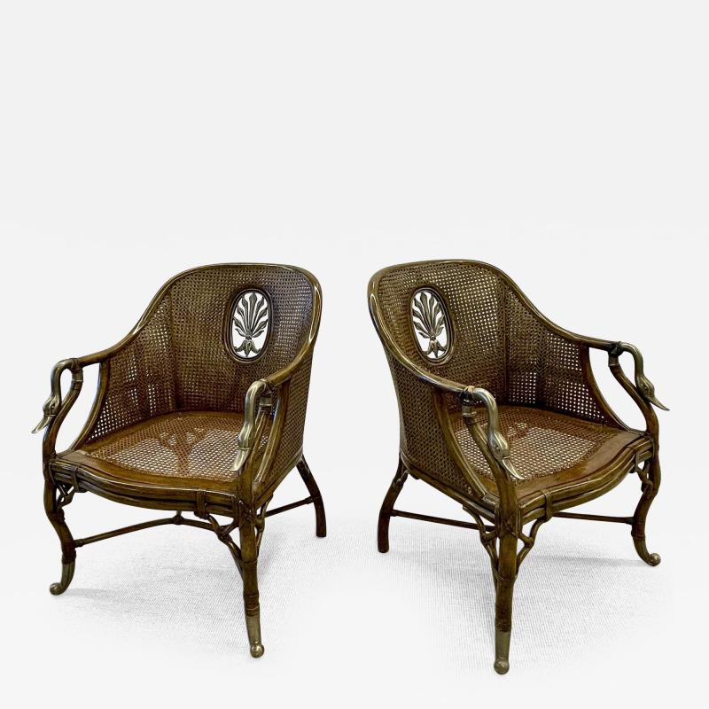 Pair of French Berg re Swan Arm Lounge Chairs Silver Metal Cane Tortoise