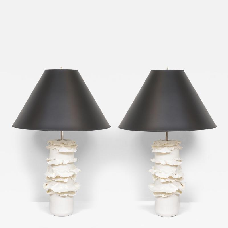 Pair of French Bespoke Glazed Ceramic Ruffle Lamps