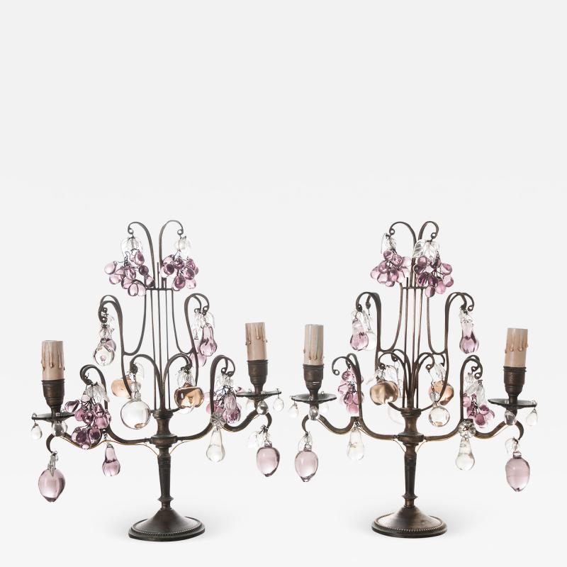 Pair of French Brass and Crystal 2 Light Candelabra Girandoles