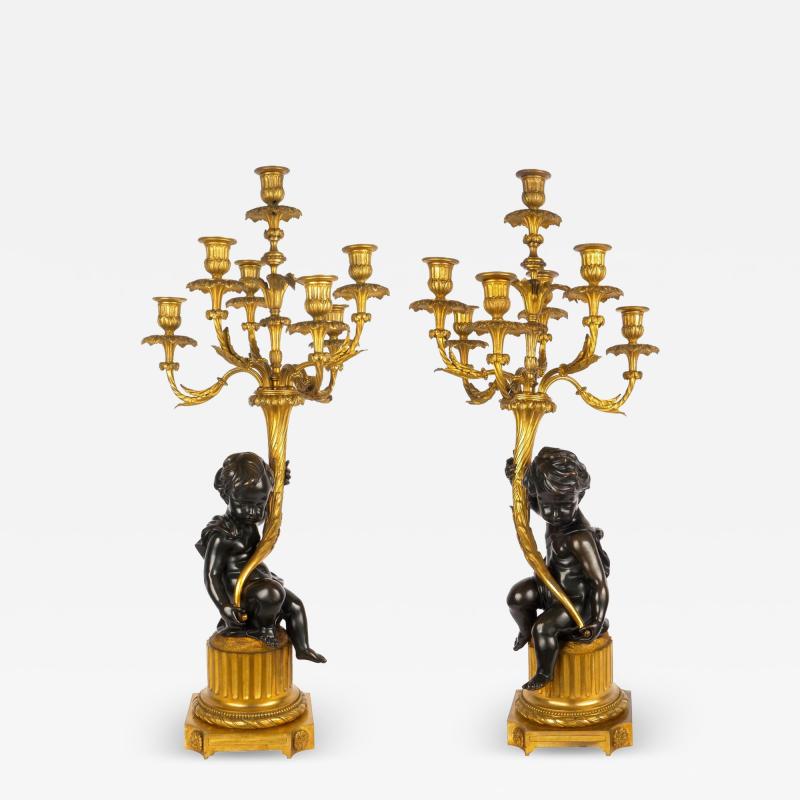 Pair of French Bronze Seven Light Candelabra Lamps ca 1880