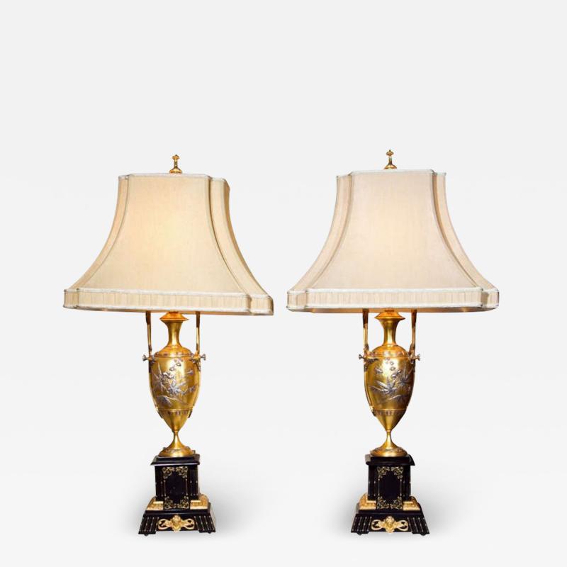 Pair of French Bronze Table Lamps Ebony Base Art Nouveau Style With Linen Shades