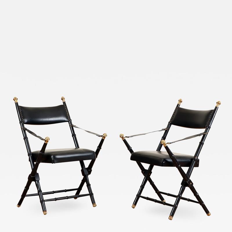 Pair of French Campaign Style Folding Chairs with Faux Bamboo Frames