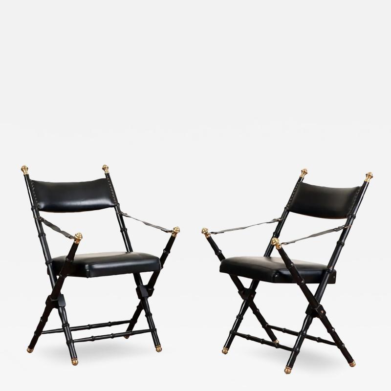 Pair of French Campaign Style Leather Folding Chairs with Faux Bamboo Frames