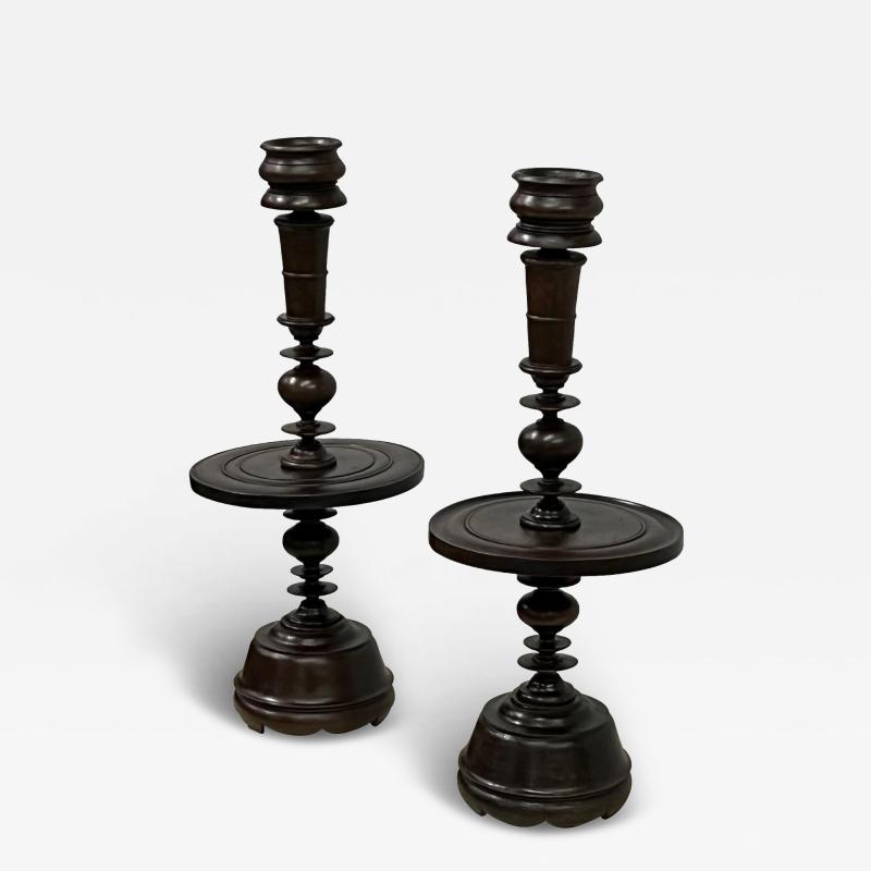 Pair of French Colonial Carved Teak Wood Table Lamp Bases or Candelabras c 1930