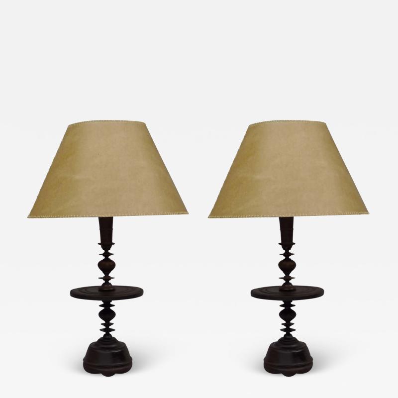 Pair of French Colonial Mid Century Carved Wood Table Lamps 1930