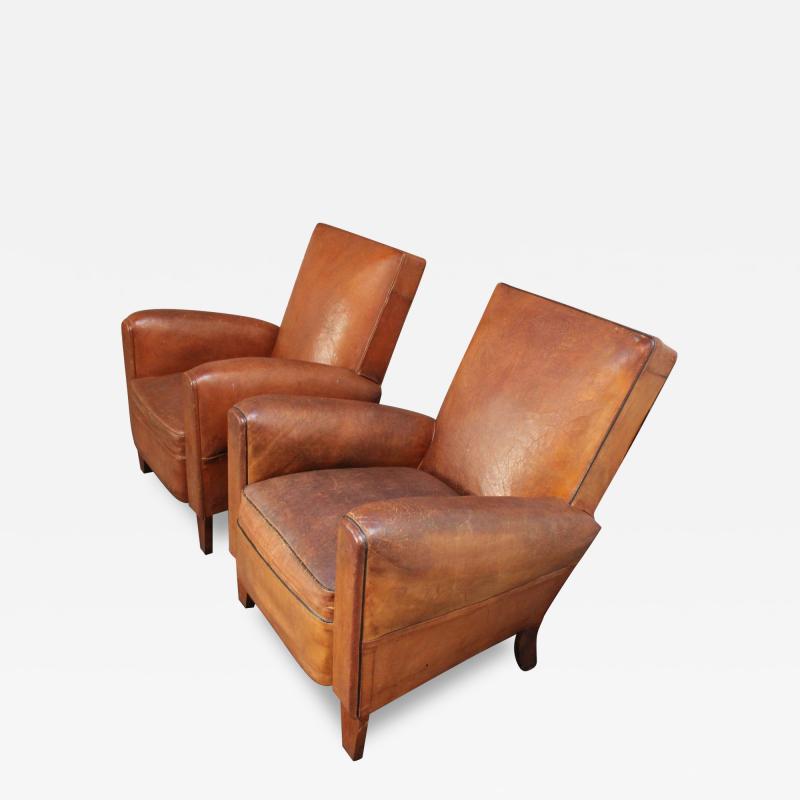 Pair of French Deco Leather Squared Back Club Chairs