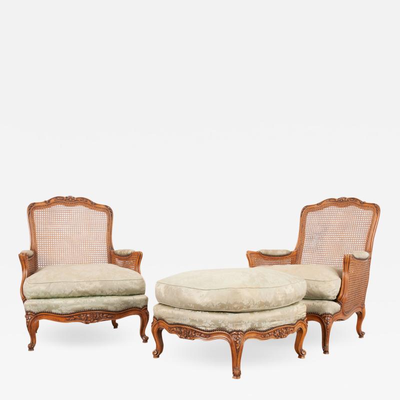 Pair of French Early 20th Century Louis XV Style Bergeres Ottoman