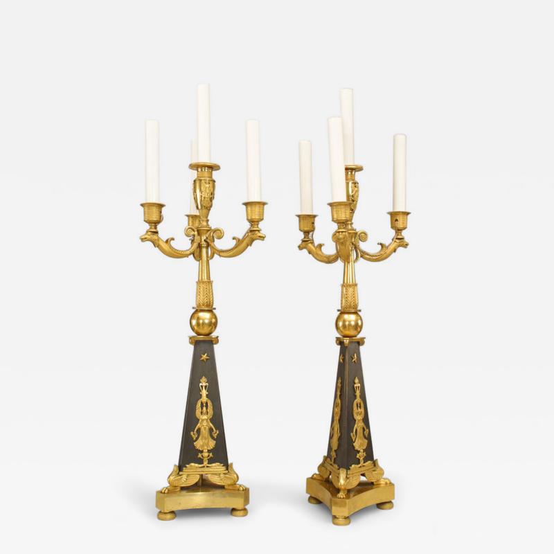 Pair of French Empire Black and Gilt Candelabras with Bird Figures