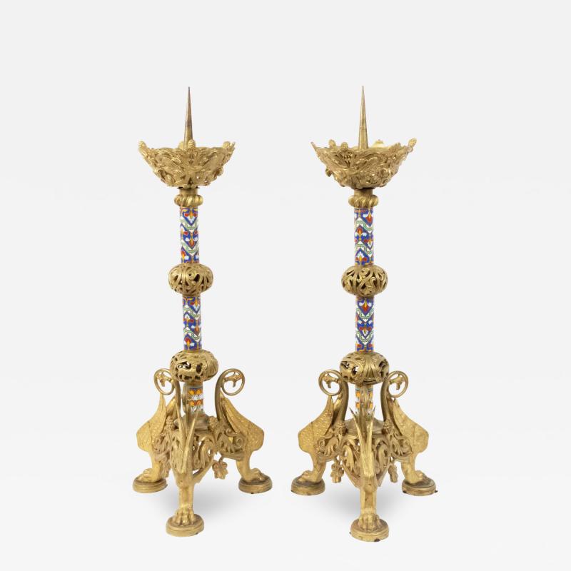 Pair of French Empire Bronze Dore Altar Candlesticks