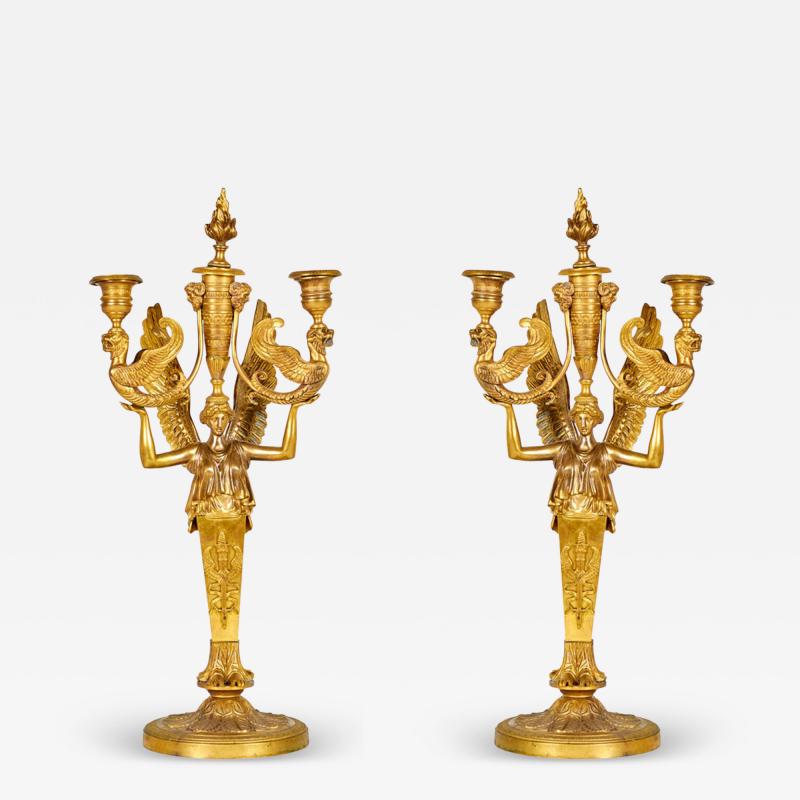 Pair of French Empire Bronze Dore Figural Candelabras With Griffins