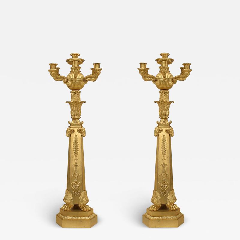 Pair of French Empire Bronze Dore Ram Head Candelabras