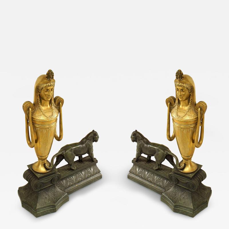 Pair of French Empire Bronze Panther Andirons