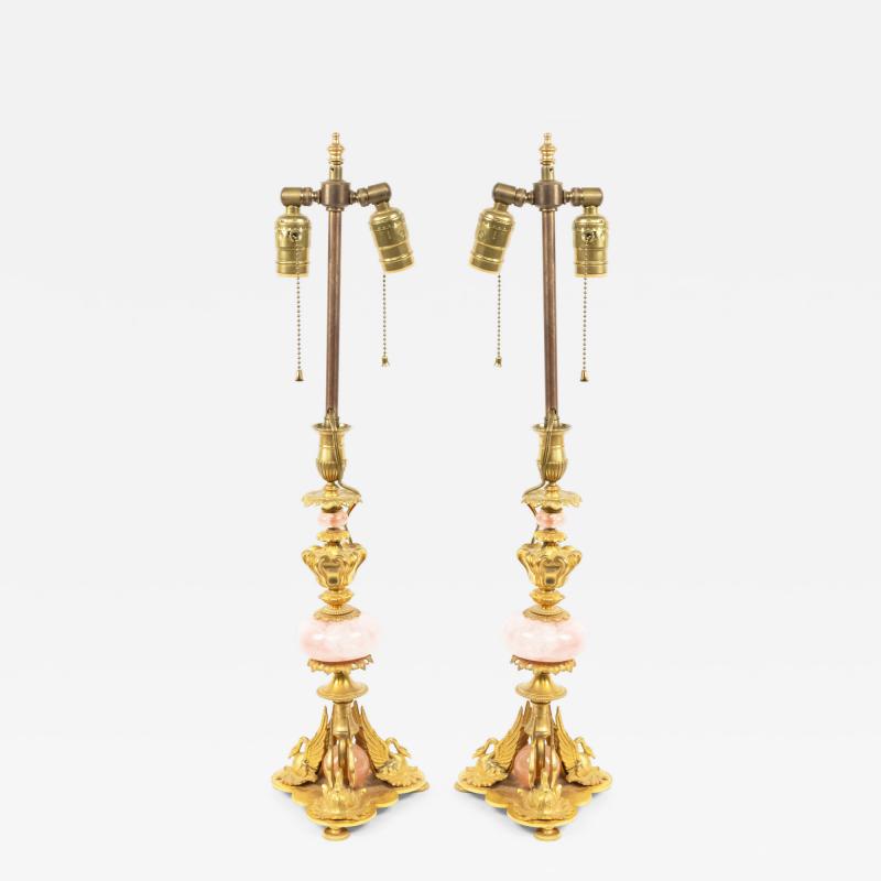 Pair of French Empire Bronze and Quartz Swan Table Lamps